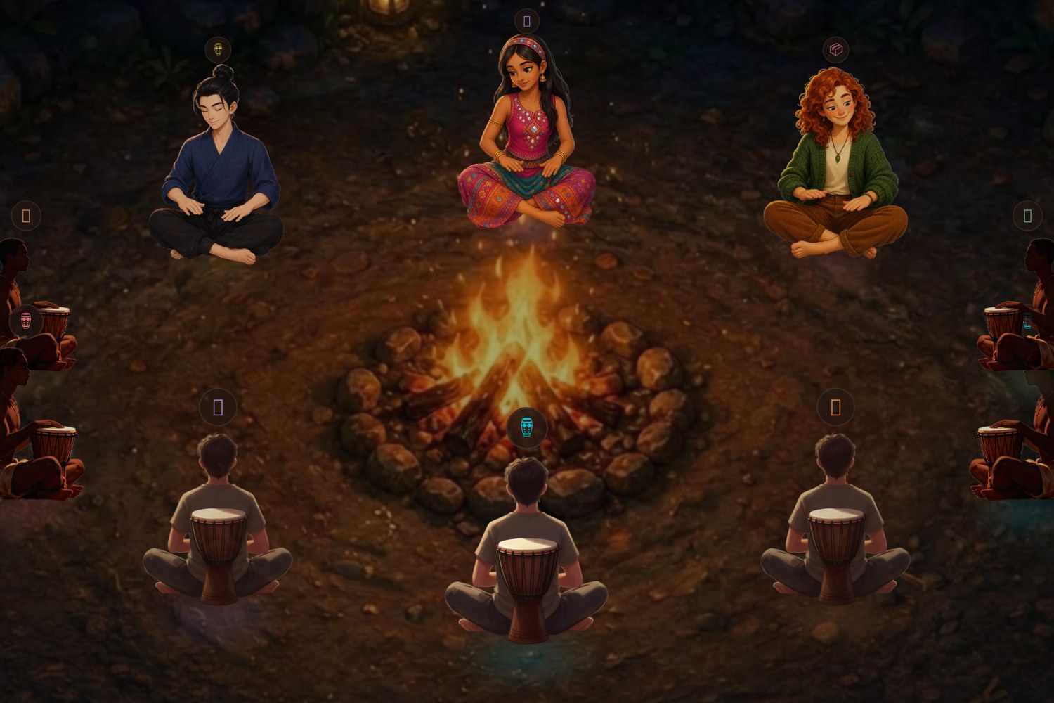 In-app drum circle on the Campfire scene with multiple players seated around the campfire, beat ripples glowing under each drum
